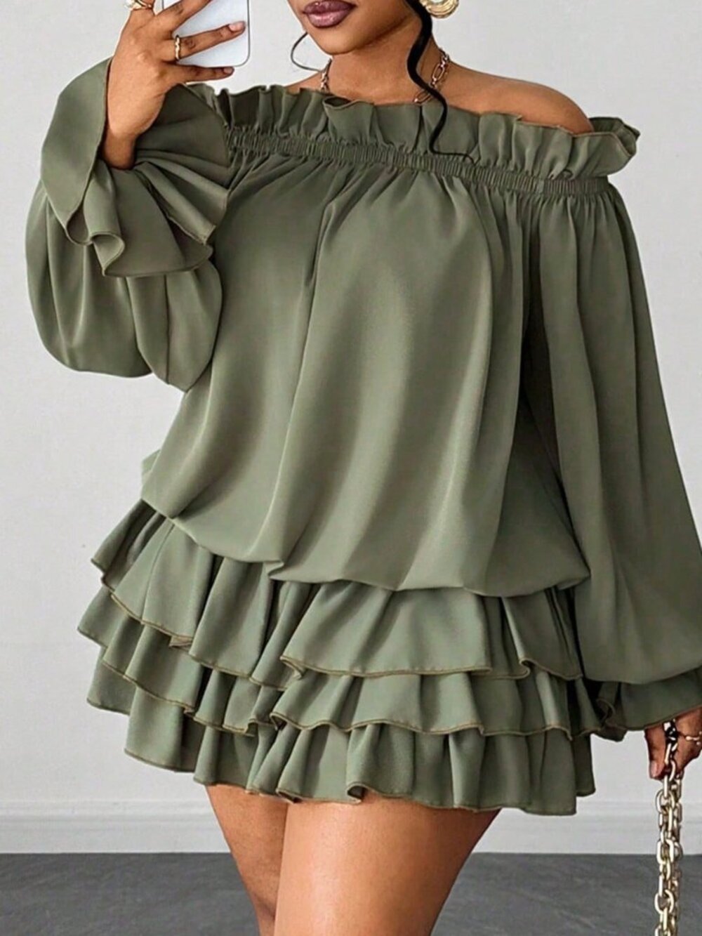 Army Green Casual Women's Plus Size Elegant Off-Shoulder Ruffle Hem Dress